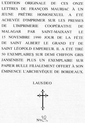 Item #1190 Onze Lettres a Un Jeune Pretre Homosexuel. François MAURIAC