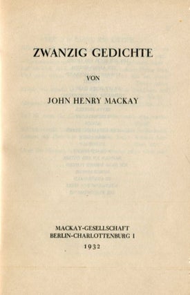 Item #5247 Zwanzig Gedichte. John Henry MACKAY