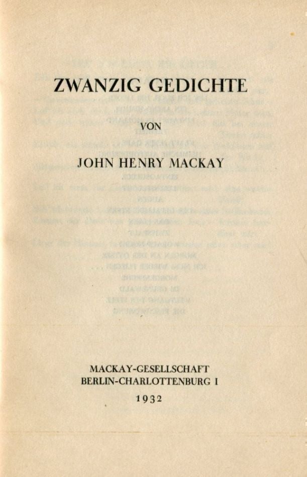 Item #5247 Zwanzig Gedichte. John Henry MACKAY.