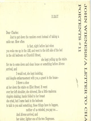 Item #5566 A Letter to Charles Olson/Portents #11. John WIENERS