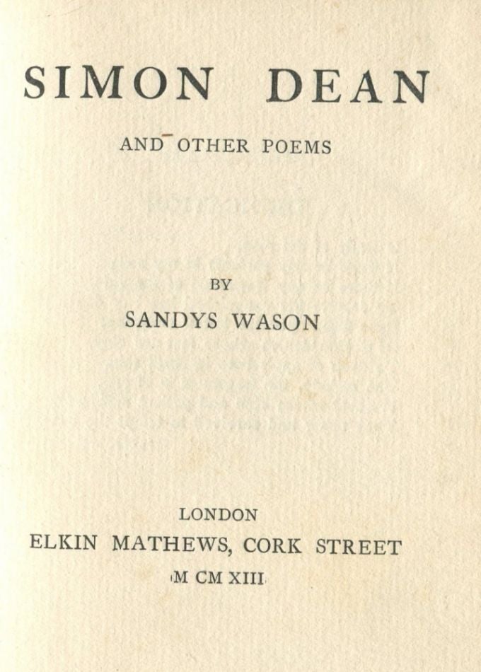 Item #6278 Simon Dean: and other poems. Sandys WASON.
