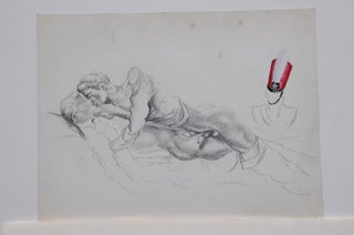 Item #6433 Pencil drawing of two recumbent men with colored soldier's cap on statue (16 x 12"),...