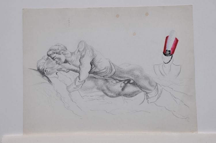 Item #6433 Pencil drawing of two recumbent men with colored soldier's cap on statue (16 x 12"), slight spotting, signed "Sam Steward" on verso, "ISR" stamp, dated "21-IX-52" Sam STEWARD.