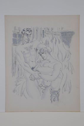 Item #6438 The Barn series: Two nude men with erections, forced fellatio, ink and gouache (11" x...