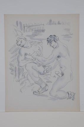 Item #6441 The Barn series: Two nude men with erections, one recumbent with eyes closed, ink and...