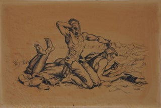 Item #6449 Two men at the beach "Copy of a Paul Cadmus," pen and ink on board (16" x 10.75")....