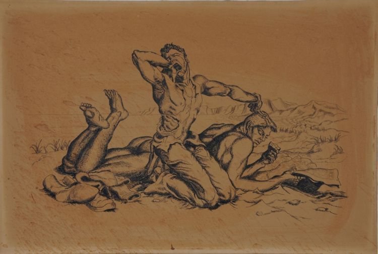 Item #6449 Two men at the beach "Copy of a Paul Cadmus," pen and ink on board (16" x 10.75"). "ISR" stamp on verso, dated "2-4-51". Light water stains.(Cf. Cadmus, Two Boys on a Beach, etching 1938). Sam STEWARD.
