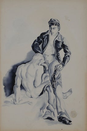 Item #6453 Standing man with leather jacket and seated male nude, gouache on board (10" x 15")...