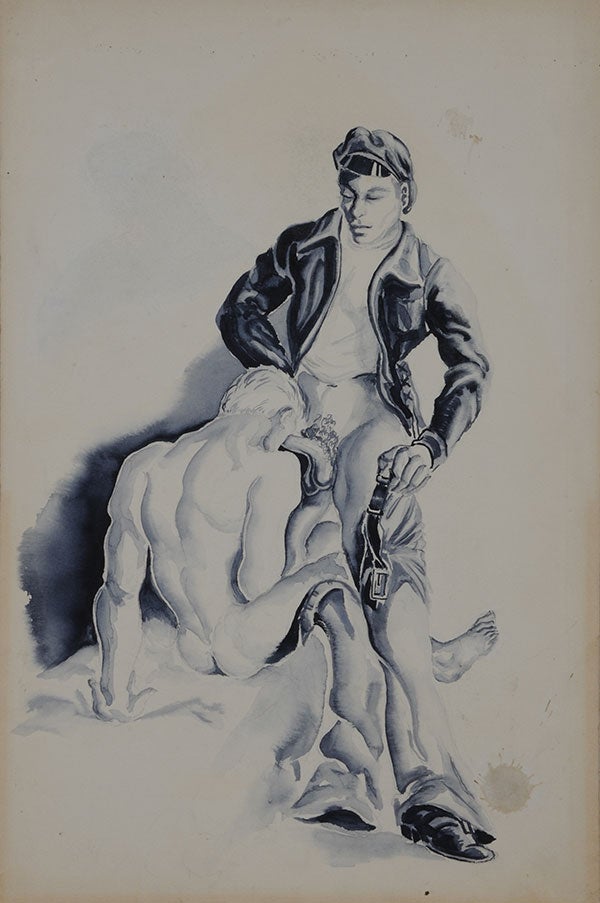 Item #6453 Standing man with leather jacket and seated male nude, gouache on board (10" x 15") signed "Sam Steward" on verso and dated "5-VII-53" along with penciled notations ("Embarcadero"). Small water stain bottom right corner. Sam STEWARD.