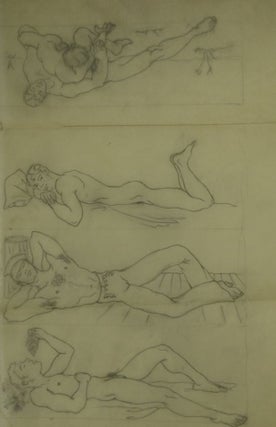 Item #6483 Three pencil drawings of recumbent men (one eating grapes) with another image on...