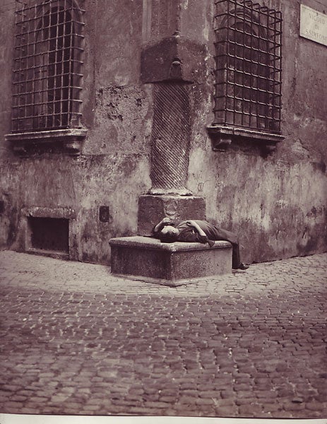 Item #6512 Recumbent man, Vicolo di S. Simeone, Rome. (12" x 12"). Photographer's notation on verso (1958). Islay LYONS.
