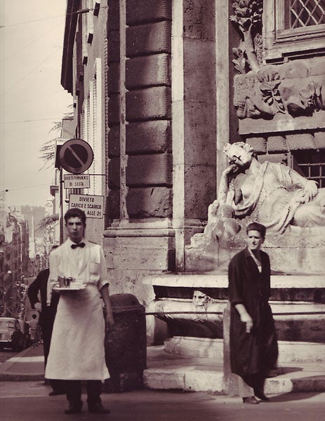 Item #6513 Waiter with tray on Roman street (12" x 12"). Photographer's notation on verso (1958). Islay LYONS.