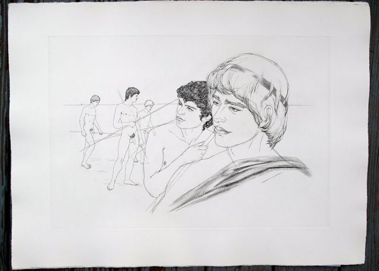 Item #6529 Study of boys. Original etching of classical Greek scene for an unpublished book project (30" x 22"). CZANARA, Raymond Carrance.