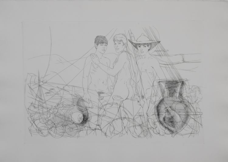 Item #6533 Three men with erections. Original etching of classical Greek scene for an unpublished book project (30" x 22"). CZANARA, Raymond Carrance.