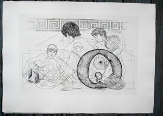 Item #6534 Boys crouching. Original etching of classical Greek scene for an unpublished book...