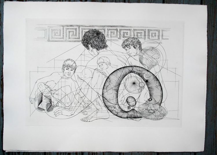 Item #6534 Boys crouching. Original etching of classical Greek scene for an unpublished book project (30" x 22"). CZANARA, Raymond Carrance.