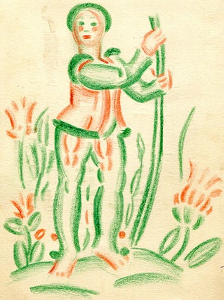 Item #6590 Pencil sketch of man in green and orange. (4" x 5.5"). Mounted on a card from Galeries...