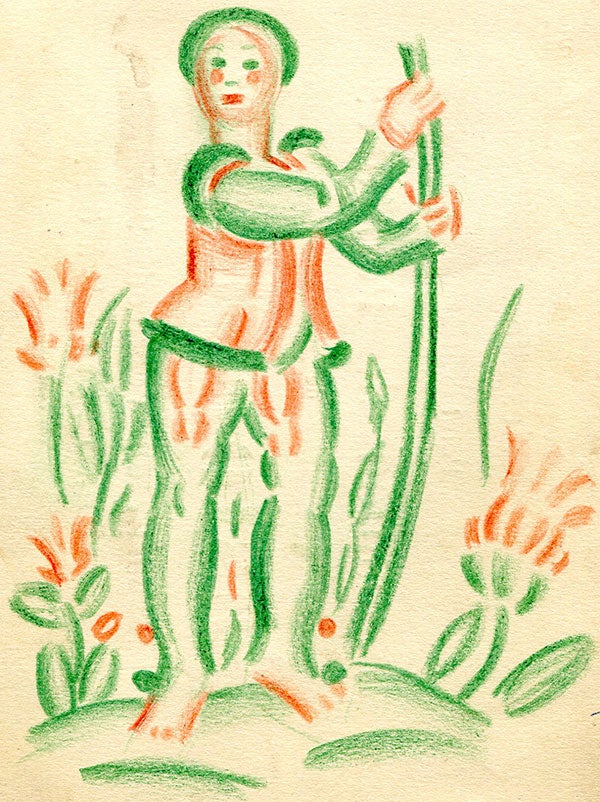 Item #6590 Pencil sketch of man in green and orange. (4" x 5.5"). Mounted on a card from Galeries Mosser advertising an exhibition of Goor's works. Gaston GOOR.