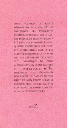 Item #6711 Lettre sur Claudel et La Pédérastie. Jean PAULHAN