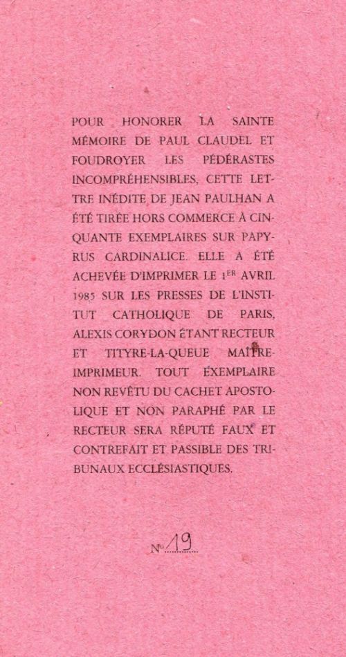 Item #6711 Lettre sur Claudel et La Pédérastie. Jean PAULHAN.