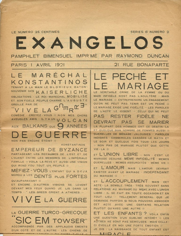 Item #7041 Exangelos: Pamphlet Bimensuel. Raymond DUNCAN.
