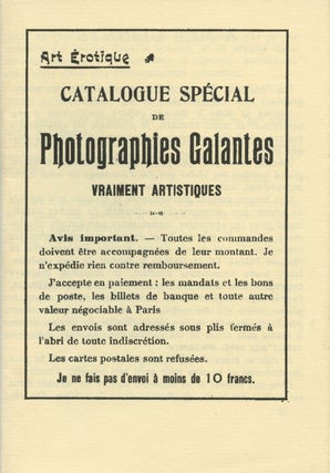 Item #8288 Art érotique : catalogue spécial de photographies galantes vraiment artistiques....