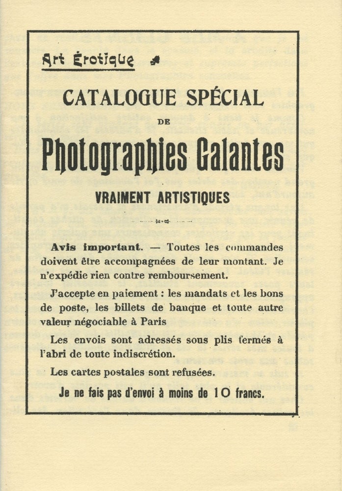 Item #8288 Art érotique : catalogue spécial de photographies galantes vraiment artistiques. EROTICA.