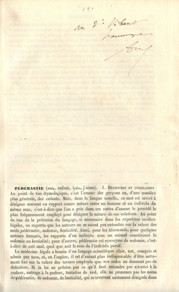 Item #8360 Pédérastie. (Extrait du Dictionnaire encyclopédique des sciences médicales de Dechambre, série 2, tome 22, 1886). Alexandre LACASSAGNE.