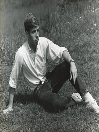 Vintage photograph of young main seated with knee raised. (6 1/2" x 7 1/2&quot. MALE PHOTOGRAPHY.