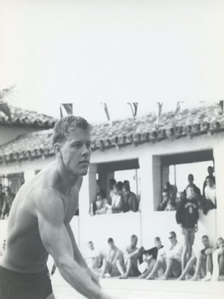Vintage photograph of shirtless male wearing swim suit (playing volleyball). (6 1/2" x 7. MALE PHOTOGRAPHY.