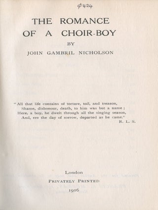 The Romance of a Choir-Boy. John Gambril NICHOLSON.