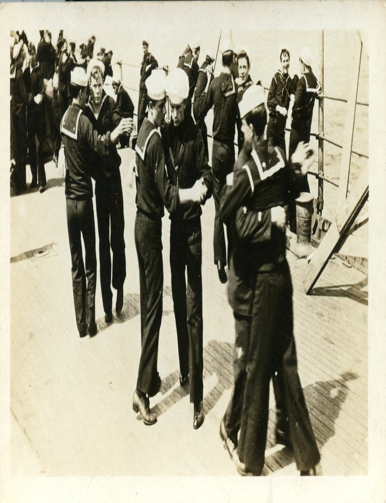 Item #9234 Vintage postcard of sailors dancing onboard a ship. UNKNOWN.